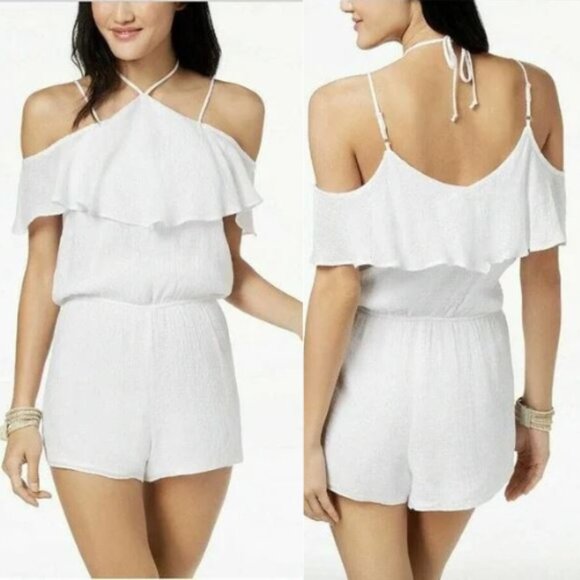 The Edit By Seventeen Womens Juniors Gauzy Ruffle Tank Romper White Size M NWT - Picture 1 of 7